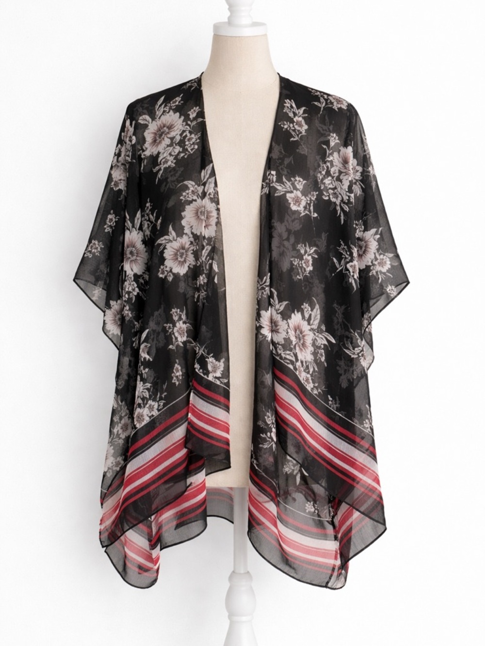 Sheer Floral Boho Kimono Open Front Chiffon Cardigan Black Stripe One Size